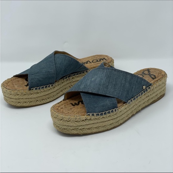 Sam Edelman | Natty Blue Chambray Platform Espadrille Slide Sandals - Picture 2 of 7